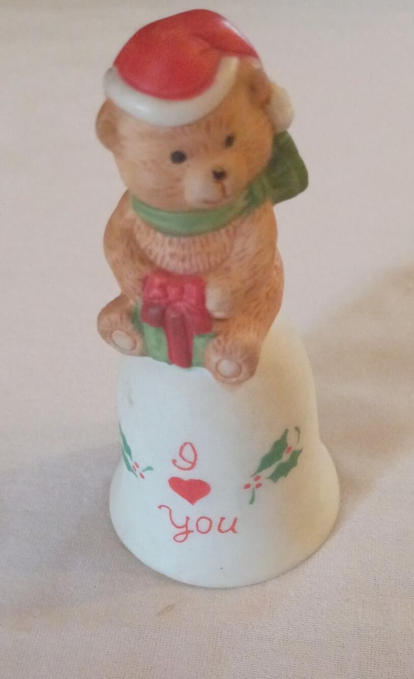 Vintage Small Ceramic Christmas Heart "I Love You" Bear Holiday Bell